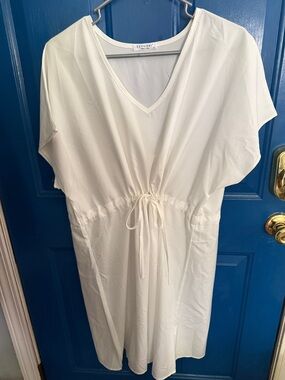 Ekouaer V-Neck Swim Coverup Drawstring Waist Tunic Dress - White
